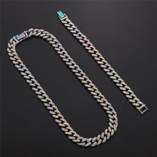 Iced Out Paved Rhinestones Necklace Bracelet 13MM Quenched Full Miami Curb Cuban Chain CZ Rapper Necklaces Hip Hop Jewelry