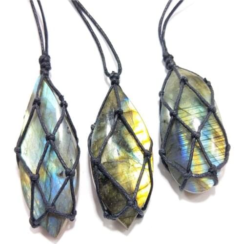 Labradorite Necklace Natural Stone Pendant Wrap Braided Yoga Macrame Necklace For Men&Women Energy Hanging Drops Home Handicraft