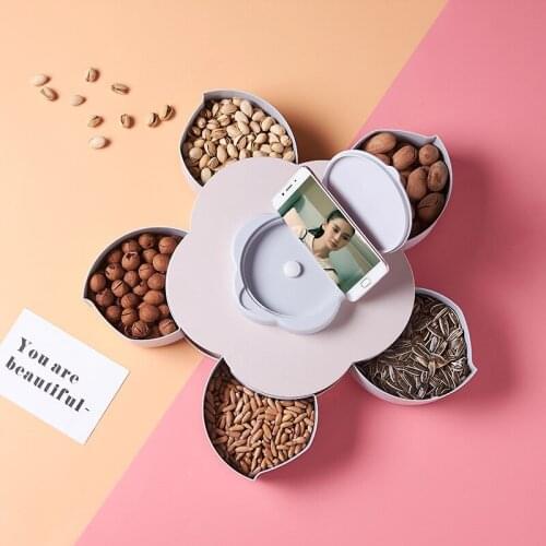 Simple Solid Color Rotating Petal Snack Box Dried Fruit Candy Snack Storage Box Creative Compartment with Lid Food Containers