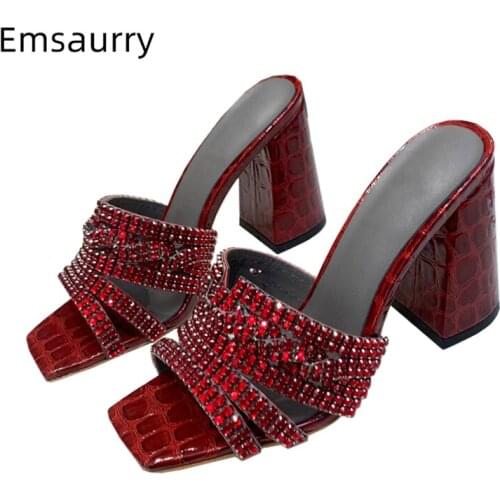 Luxury Rhinestone Womens Sandals 2021 Genuine Leather Chunky Heel Stone Grain Fretwork Square Toe Slingbacks Mules Lady Summer