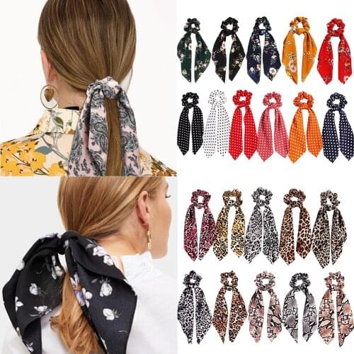 Leopard Snake Floral Dot Streamers Scrunchies Women Hair Scarf Elastic Bow Hair Rope Ribbon Band Girls Yoga Hair Accessories