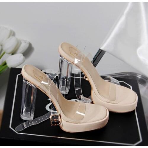 Ankle Strap Thick Square Heels Shoes Transparent PVC Woman Sandals Plus Ladies Thick-soled Clear Sandals Zapatillas Mujer Casa