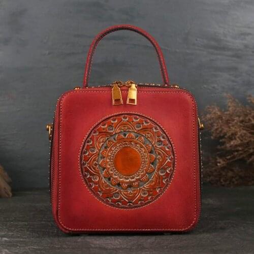 Vintage Floral Genuine Leather Women Bag Luxury Handmade Totem Handbag 2021 New Ladies Cowhide Embossing Shoulder Crossbody Bags