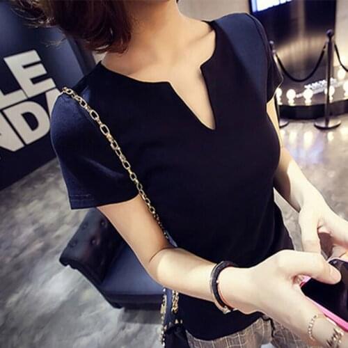 2019 New Summer T-shirts Women Casual Solid Short Sleeve V Neck Ladies Female Summer T Shirt Slim Tops