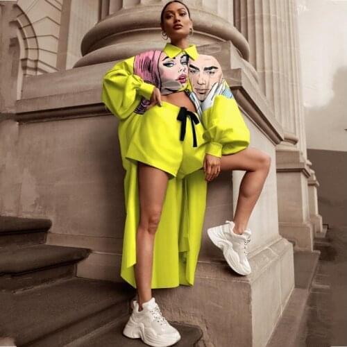 2 Pieces Womens Sets 2021 Spring Autumn Cartoon Print Blouse Long Shirt Women Tops And Shorts Set Two Piece Set Tracksuit