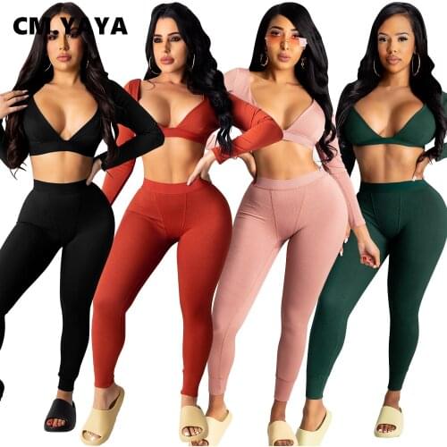 CM.YAYA Active Knit Sweatsuit Womens Set Open Back Crop Top Legging Pants Suit Sexy Club Tracksuit Two Piece Set Fitness Outfit