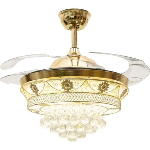 42 Inch Invisible Crystal Ceiling Fan with LED Light and Remote, 4 Retractable ABS Blades Fan Chandelier for Bedroom Diningroom
