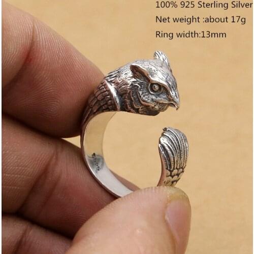 Buyee Unique Male Rings Vivid Clear Gray Owl Pure 925 Sterling Silver Rock Punk Open Ring for Women Men Jewelry #7-#13 Size