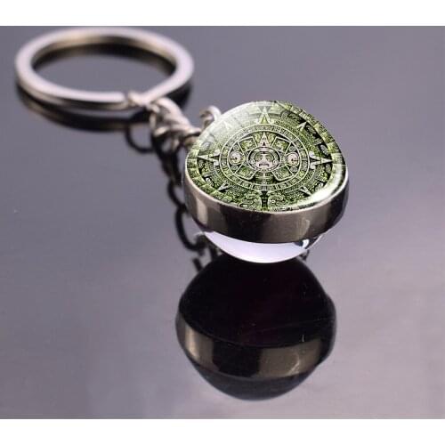 Aztec Calendar Mexican Key Chain Glass Ball Keychain Keyring Mayan Calendar Pendant Men Fashion Accessories