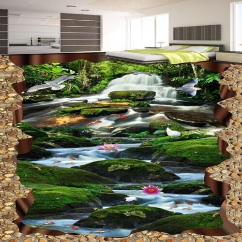 Free Shipping huge 3D Waterfall Green Tree Creek Carp flooring painting wallpaper self-adhesive thicken floor mural