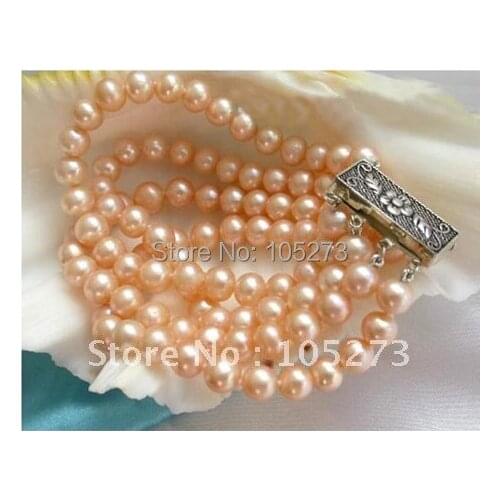 Stunning 4Rows AA 7-8MM Pink Round Freshwater Pearl Bracelet 8inch Fashion Pearl Jewelry S925 Silvers Clasp New Free Shipping