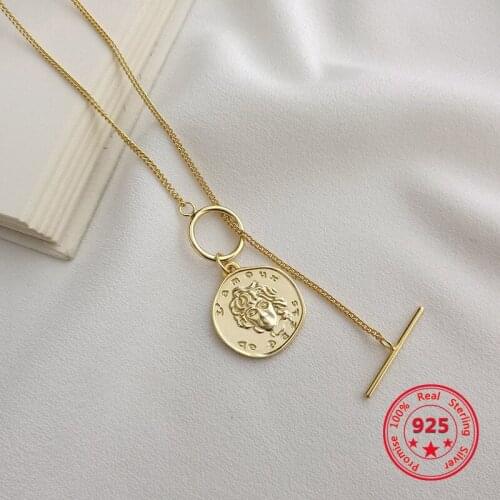 Pure 925 Silver European American New Design Creative Concise Gold Relief Coin Pendant Necklace Fine Jewelry
