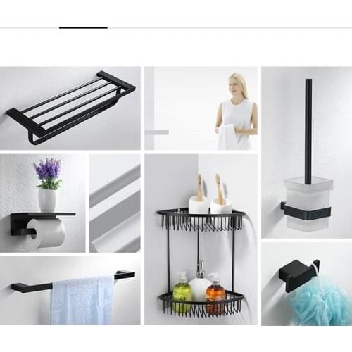 Black High quality Stainless steel 6PCS/Set Towel rack Shelf Basket hook bathroom ware Bathroom hardware accessories Set