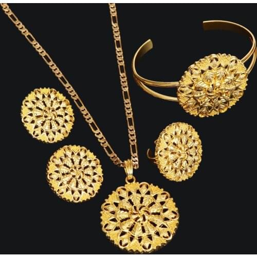 Ethiopian Heavy Jewelry set 24 k Solid Golid FINISH Pancake Pendant Chain Earring Ring Bangle Big Flower Jewellery Eritrea