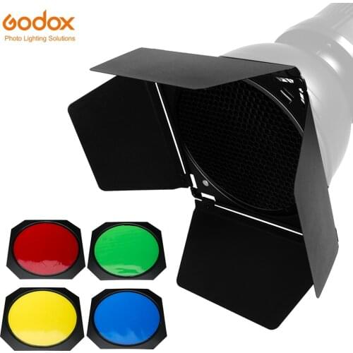 Godox BD-04 Barn Door with Honeycomb Grid and 4 Color Gel Filters (Red Yellow Blue Green)