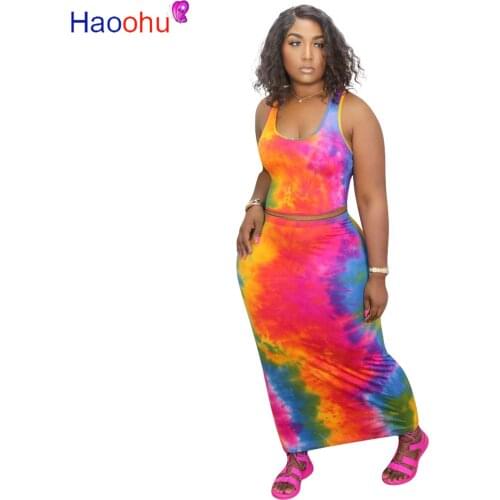HAOOHU women tie dye print sleeveless tank tops bodycon midi maxi skirt suit two piece set streetwear tracksuit matching set