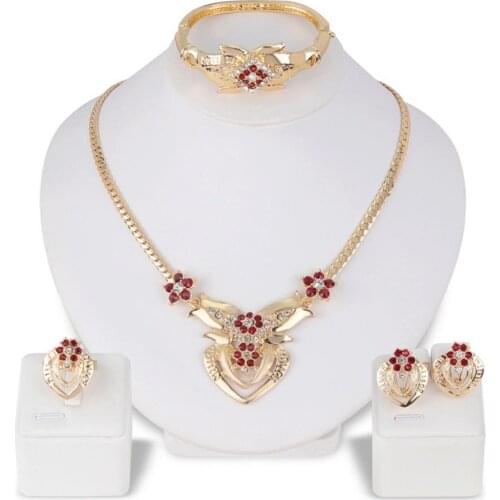 80% Hot Sale Womens Wedding Flower Rhinestone Ring Earrings Necklace Bracelet Jewelry Set