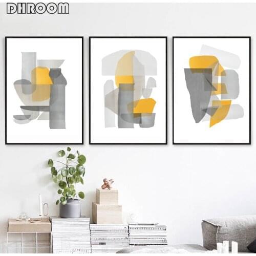 Modern Abstract Art Set of 3 Posters Gray Yellow Wall Art Canvas Painting Scandinavian Wall Picture Dining Room Art