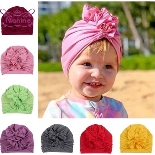 Nishine Newborn Pleated Flower Hats Solid Color Bowknot Baby Girls Caps Infant Knot Turban Beanie Bonnet Children Headwear