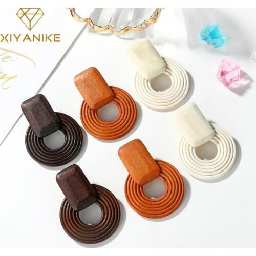 XIYANIKE New Wooden Earrings Ethnic Wood Geometric Round Drop Earrings Vintage Brown Korean Statement Earrings Fashion Jewelry