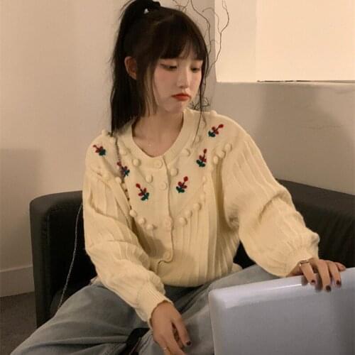 Sannian Autumn Women Cardigan Cute Hair Ball Floral Cardigan Sweater Women All-match Long-sleeved Student Jacket Ladies Clothes