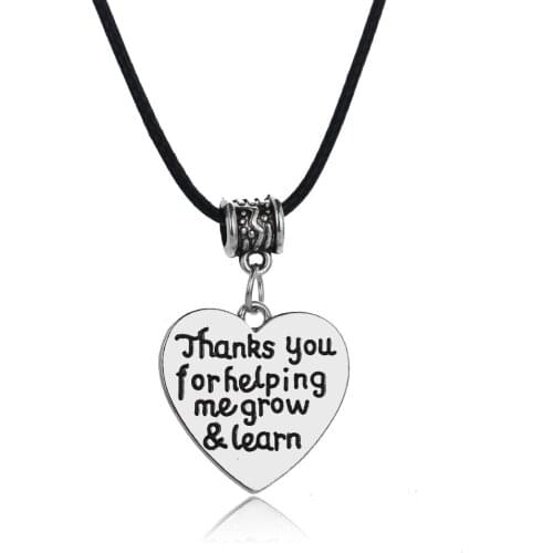Teachers Day Gift Thanks You For Helping Me Grow&Learn Heart Pendant Necklace Leather Rope Jewelry Student School Collar Bijoux