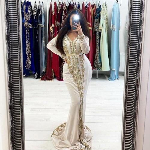 Sexy Muslim Mermaid Appliques Evening Dresses Formal Prom Party Gowns Long Sleeves Moroccan Kaftan Women Special Occasion Dress