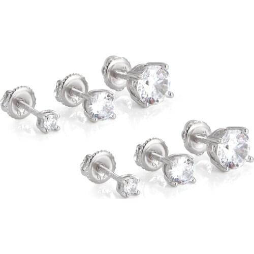 1Pair S925 Sterling Silver Stud Earrings CZ Stone Paved Bling Ice Out Hip Hop Round Earrings for Women Men Unisex Rapper Jewelry