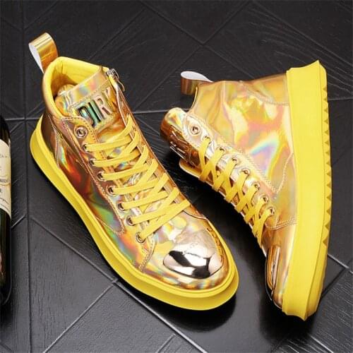 Gold Patent Leather Punk Mens High Top Shoes Hip Hop Male Sneakers Web Celebrity Flats Ankle Boots Chaussure Homme
