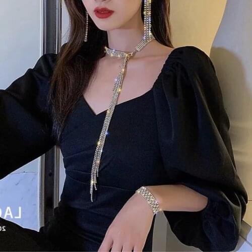 High-end luxury long rhinestone tassel choker necklace,delicate and elegant girlcubic zircon necklace gift party wedding jewelry