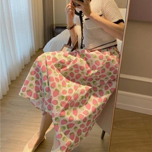 Limiguyue Summer Women Skirts A Line Strawberry Print Skirt Elegant Slim Fit Mid-Length High Waisted Skirt Femme Jupes K1660