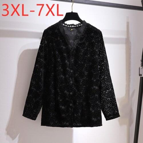 New 2021 Ladies Spring Autumn Plus Size Tops For Women Large Long Sleeve Loose Button Black Lace V-neck Shirt 4XL 5XL 6XL 7XL