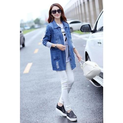 Denim Jacket Women Broken Hole Coat Autumn Denim Jacket For Women Long Jeans Jacket Women Denim Coat Loose Fit Casual Style