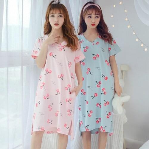 2021 Summer Short Sleeve Nightgowns for Women Korean Print Loose V-neck Sleepwear Femme Night Dress Nightdress Home Dress Nighty
