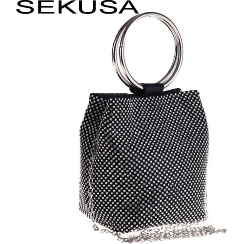 SEKUSA Bucket bran design women evening bags crystal ladies handbags with handle clutch diamonds purse bag