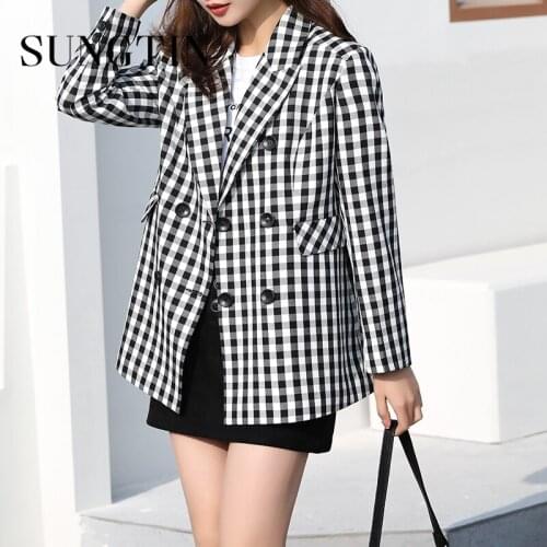 Sungtin Black White Plaid Blazer Jacket Women with Belt Korean Chic Loose Office Lady Long Blazer Coat Double Breasted Notched