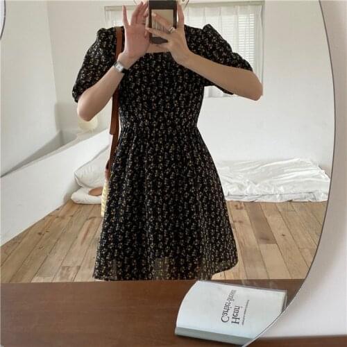 Dresses women Casual Floral Women Dress Bandage Ruched Summer Mini Dress Office Puff Sleeve High Street Ladies Dresses
