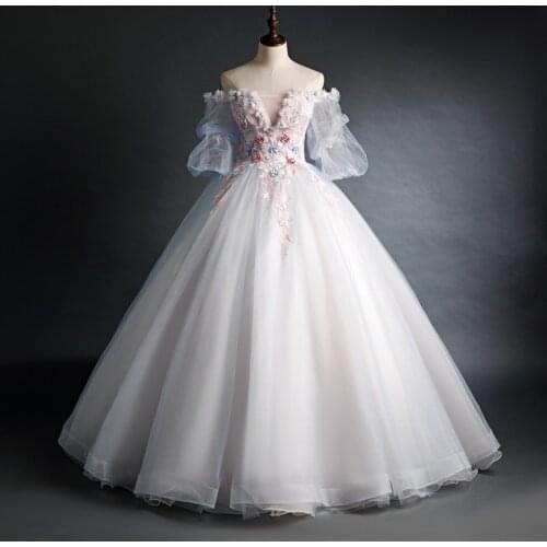 100% real 3d tutu flowers embroidery veil bubble sleev ball gown medieval dress Renaissance gown queen Victorian Belle Ball gown