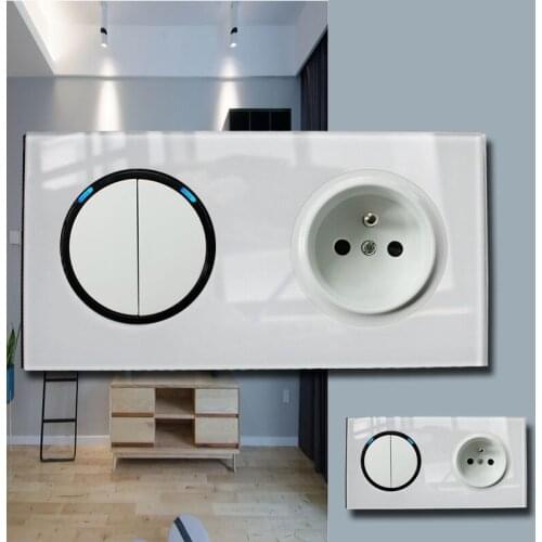 146 Type 2 gang 2 way French Crystal Tempered Pure Glass Panel 13a Double Eu Standard Wall Power Socket Grounded white