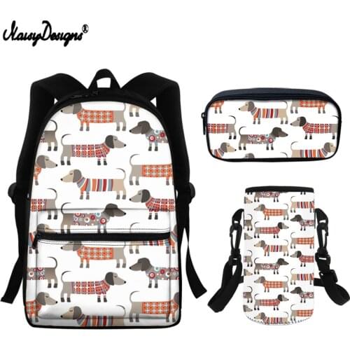 NOISYDESIGNS New Fashion Student Bookbags Cute Style Cartoon Dachshund Pattern Backpack for Teen Girls Boys Schoolbags 3Pcs Set