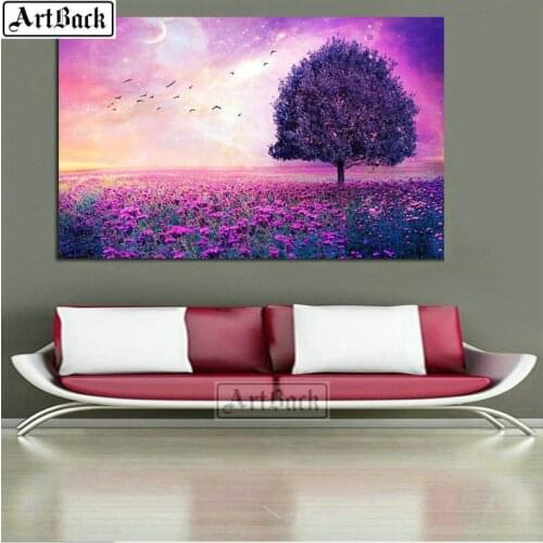 5d diy diamond painting tree flower purple landscape full square 3d diamond mosaic cross stitch home decoration sticker