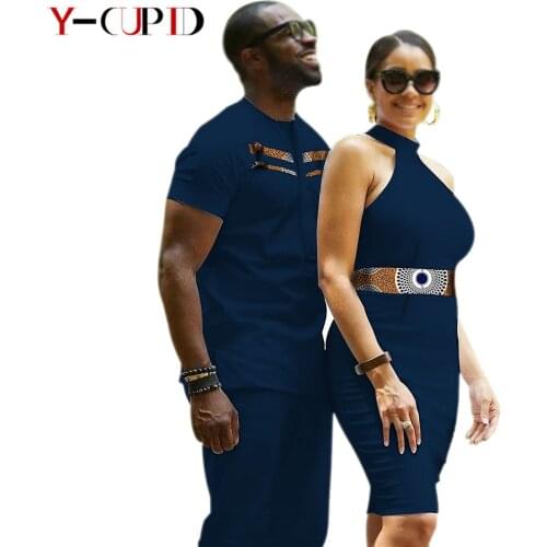 African Clothes for Couples Summer Sexy Women Slim Dresses Matching Men Outfits Summer Patchwork Shirts and Pants Sets YS20C017