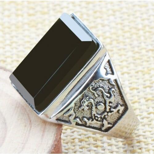 BOCAI 2020 new s925 pure silver jewelry inlaid with retro dragon pattern domineering Hetian jade ink sapphire men and women ring