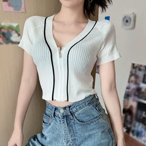 Summer Womens Sexy Low-cut V-neck T-shirt Wild Colorblock Crop Tops Knitted Short Sleeved Cardigan With Zipper Clothing