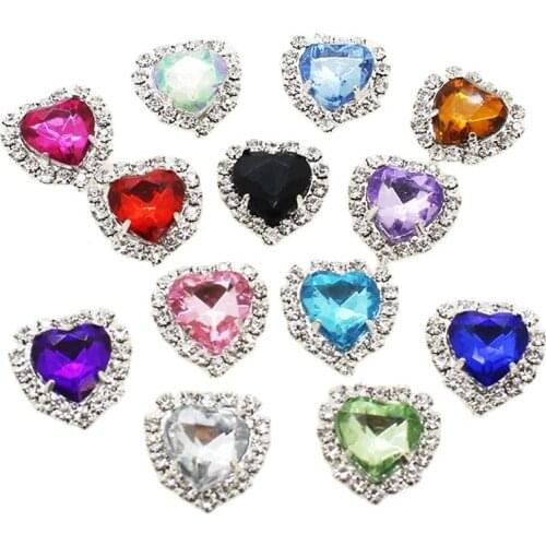 Hot Sale 10pcs / multi Peach Heart Rhinestone Button Clip Acrylic Multicolor Decorative Clothing Sewing Accessories Flat Bottom