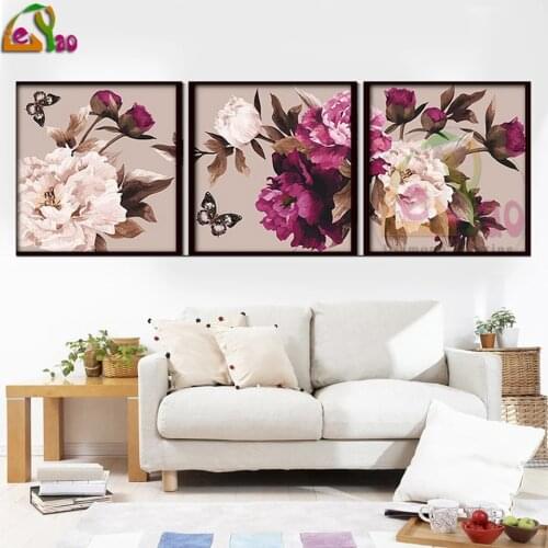 Peonies And Butterfly Triptych 5D Diy Diamond Painting Retro Flowers Full Square Drill Embroidery Cross Stitch Mosaic Home Decor