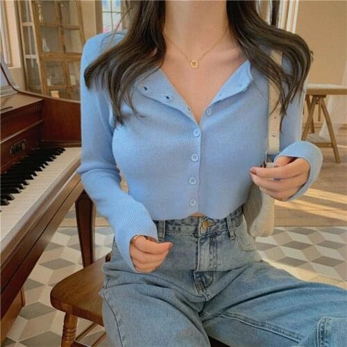 O Neck Short Knitted Sweater Women Korean Style Single Breasted Thin Cardigan Fashion Long Sleeve Sun Protection Crop Top Female