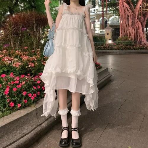 Summer White Fairy Sling Dress Female Sweet Loose Thin Irregular Dresses Fashion Ladies Ruffle Multi-Layered Cake Dress Lolita