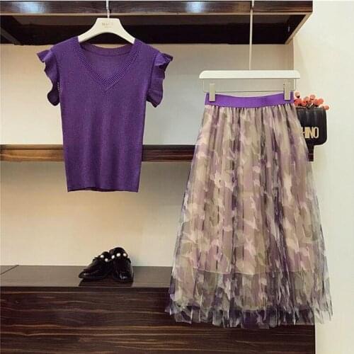 Summer Women 2 Piece Set Fashion V Collar Lotus leaf Short Sleeves Knitted Top + Elegant Print Mesh Pleated High Waist Skirt