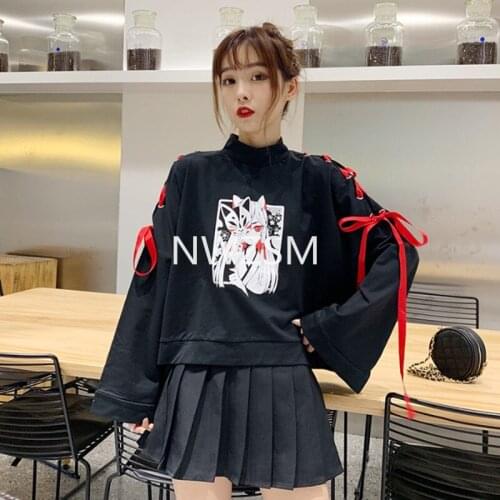 Summer Women Clothing Anime Fox Printed Cross Ribbon Lolita Girls' T Shirt Harajuku Spring Black Top Skirt